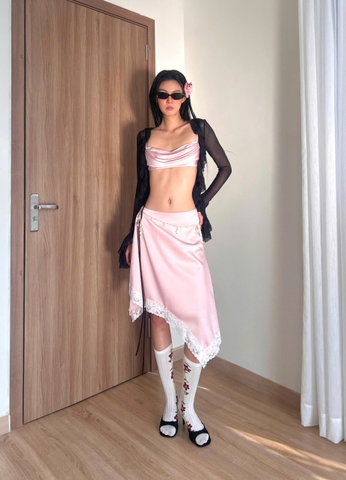 Chân váy lụa hồng lửng phối ren - Dazzle Skirt