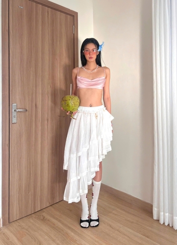 Áo hai dây ngắn lụa hồng xếp ly - Dazzle Top