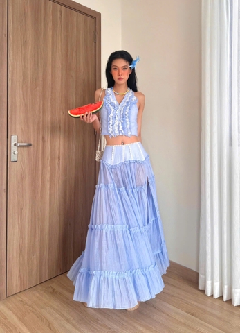 Áo croptop cổ yếm xanh phối ren bèo - Sunlit Top