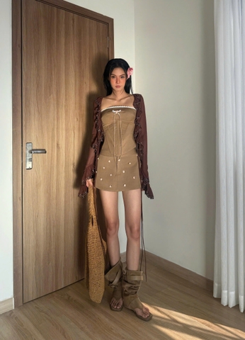 Chân váy ngắn nâu phối đính hoa nổi - Pocky Skirt