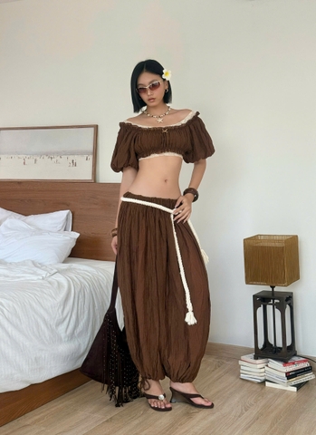 Áo croptop tay phồng nâu phối ren - Brown Wetsy Top