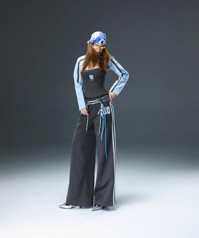 Tay khoác xanh dương kiểu tay dài ngắn thân sọc ren - Champ Coat