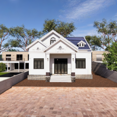 V557 | Bản vẽ thiết kế mẫu nhà vườn mái Thái hiện đại 1 tầng 4 phòng ngủ, kích thước 11x13m, bản in A3 đẹp, có phối cảnh 3D