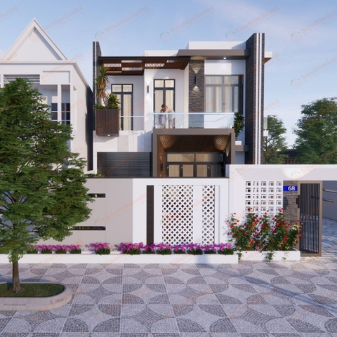 V699 | Bản vẽ thiết kế biệt thự phố hiện đại 2 tầng 4 phòng ngủ, kích thước 8x18m, bản in A3 đẹp, phối cảnh 3D