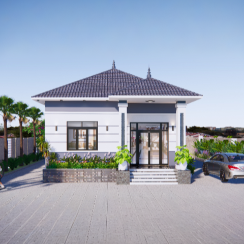 V573 | Bản vẽ thiết kế mẫu nhà cấp 4 mái Nhật hiện đại, 3 phòng ngủ, kích thước 8x13m, bản in A3 đẹp, có phối cảnh 3D