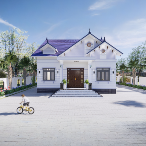 V581 | Bản vẽ thiết kế mẫu nhà mái Thái tân cổ điển, 1 tầng 4 phòng ngủ, kích thước 11x14m, bản in A3 đẹp, có phối cảnh 3D