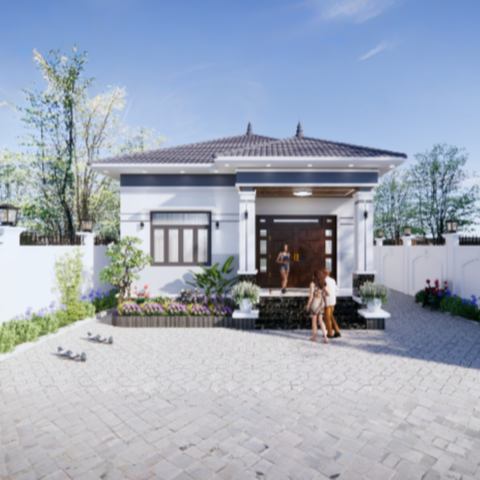 V724 | Bản vẽ thiết kế mẫu nhà vườn mái Nhật, 1 tầng 3 phòng ngủ, kích thước 11x13m, bản in A3 đẹp, có phối cảnh 3D