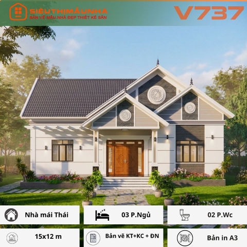 V737 | Bản vẽ thiết kế full hồ sơ mẫu nhà mái Thái 1 tầng 3 phòng ngủ, kích thước 15x12m, bản in A3 đẹp, phối cảnh 3D