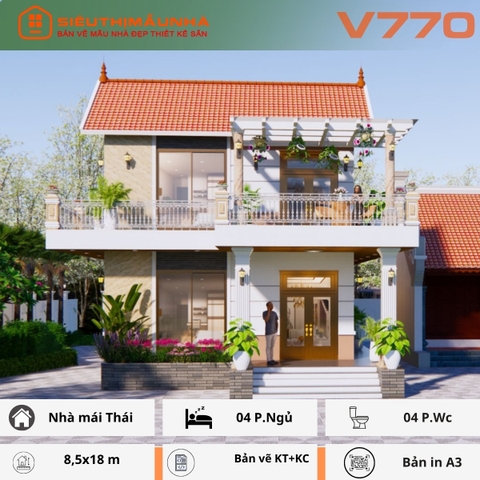 V770 | Bản vẽ thiết kế Kiến trúc, Kết cấu nhà mái Thái 2 tầng 4 phòng ngủ khép kín, kích thước 8,5x18m, in A3 đẹp, phối cảnh 3D
