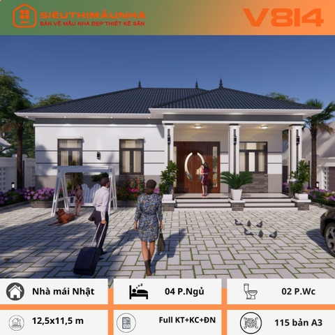 V814 | Bản vẽ kiến trúc mẫu nhà mái Nhật 1 tầng 4 phòng ngủ kích thước 12,5x11,5m