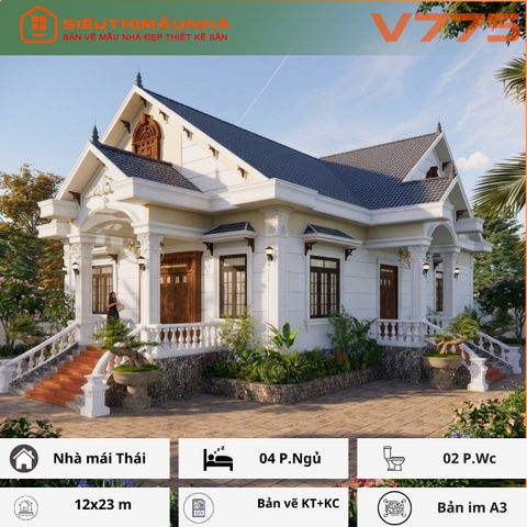 V775 | Bản vẽ thiết kế Kiến trúc, Kết cấu mái nhà mái Thái tân cổ điển, 1 tầng, kích thước 12x23m, 4 phòng ngủ, in A3 đẹp