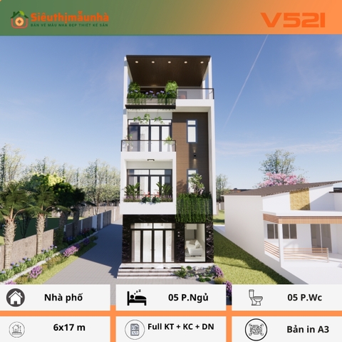 V521 | Bản vẽ thiết kế Full hồ sơ mẫu nhà phố hiện đại 4 tầng 1 tum, kích thước 6x17m, 5 phòng ngủ, bản in A3 đẹp phối cảnh 3D