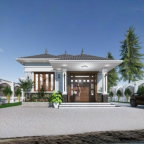 V386 | Bản vẽ thiết kế Full hồ sơ mẫu nhà cấp 4 mái Nhật tân cổ điển 3 phòng ngủ, kích thước 8x14.5m, in A3 đẹp, phối cảnh 3D