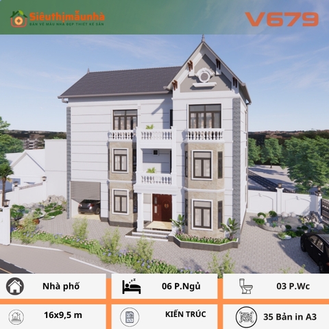 V679 | Bản vẽ thiết kế Kiến trúc mẫu biệt thự vườn sang trọng 4 tầng 6 phòng ngủ, kích thước 16x9.5m, in A3 đẹp, phối cảnh 3D