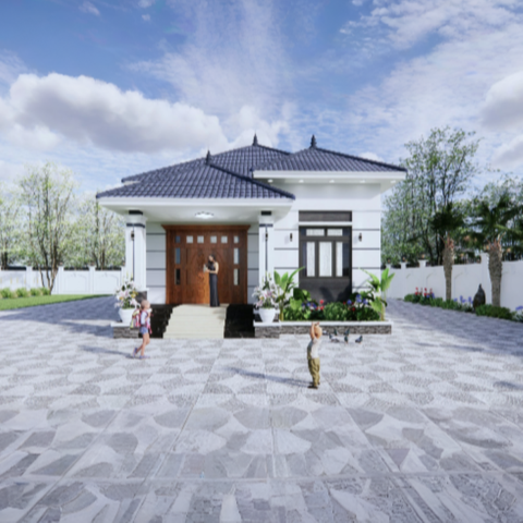 V727 | Bản vẽ thiết kế mẫu nhà cấp 4 mái Nhật bề thế, 3 phòng ngủ, kích thước 9.5x16m, bản in A3 đẹp, có phối cảnh 3D
