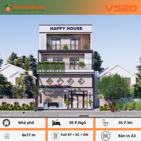 V520 | Bản vẽ thiết kế Full hồ sơ mẫu nhà phố 4 tầng có tầng lửng, 5 phòng ngủ, kích thước 9x15m, bản in A3 đẹp, phối cảnh 3D