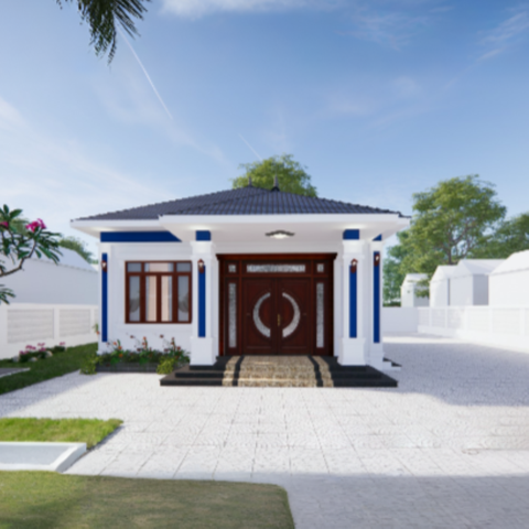 V456 | Bản vẽ thiết kế mẫu nhà vườn mái Nhật tân cổ điển, 1 tầng 3 phòng ngủ, kích thước 9.2x9.5m, bản in A3 đẹp, phối cảnh 3D