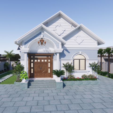 V549 | Bản vẽ thiết kế mẫu nhà vườn cấp 4 mái Thái, 3 phòng ngủ, kích thước 9.8x9.4m, bản in A3 đẹp, có phối cảnh 3D
