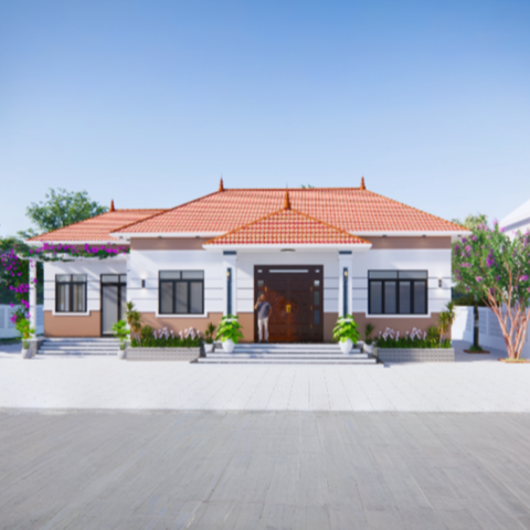 V459 | Bản vẽ thiết kế mẫu nhà cấp 4 mái Nhật hiện đại kết hợp nét truyền thống 4 phòng ngủ, bản in A3 đẹp, có phối cảnh 3D