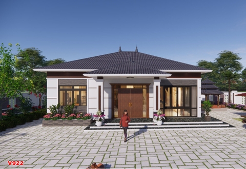 V922 | Mẫu nhà vườn mái Nhật 1 tầng hiện đại 3 phòng ngủ kích thước 12,5x12m