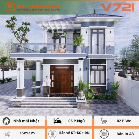 V721 | Bản vẽ thiết kế full hồ sơ mẫu nhà mái Nhật hiện đại 2 tầng 6 phòng ngủ, kích thước 10x14m, bản in A3 đẹp, phối cảnh 3D