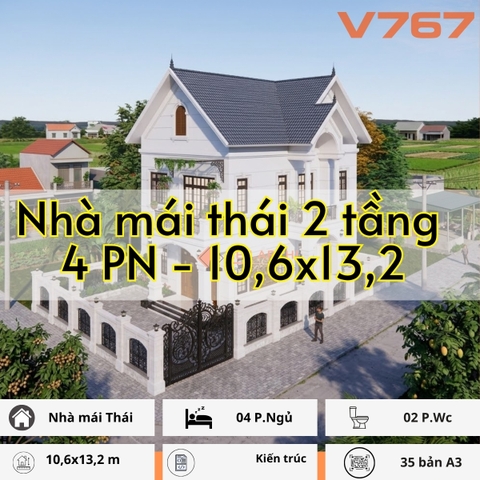 V767 | Bản vẽ kiến trúc mẫu nhà mái Thái 2 tầng 4 phòng ngủ kích thước 10,6x13,2m