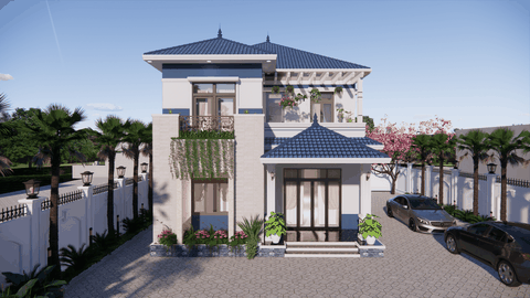 Nhà hiện đại 2 tầng mái Nhật 5 phòng ngủ 10,5×13,55m | LG474