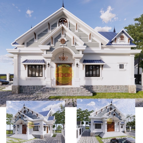 V361 | Bản vẽ thiết kế Kiến trúc mẫu nhà vườn mái Thái 1 tầng 4 phòng ngủ, kích thước 11.5x13.5m, bản in A3 đẹp, phối cảnh 3D