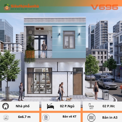 V696 | Bản vẽ thiết kế Full hồ sơ mẫu nhà phố hiện đại nhỏ gọn 2 tầng 2 phòng ngủ, kích thước 6x6,7m bản in A3 đẹp phối cảnh 3D