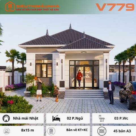 V779 | Bản vẽ thiết kế Kiến trúc, Kết cấu mẫu nhà mái Nhật 1 tầng, 2 phòng ngủ, kích thước 8x15m, bản in A3 đẹp, phối cảnh 3D
