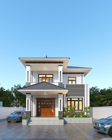 M032026 | Mẫu nhà mái Nhật hiện đại 2 tầng 4 phòng ngủ kích thước 9x9,7m