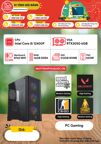 PC Gaming Intel Core i5 12400F  RTX 3050 6GB  RAM 16GB  SSD 512GB