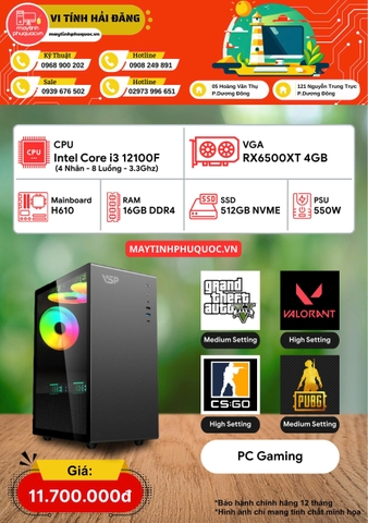 PC Gaming Intel Core i3 12100F  RX6500XT 4GB  RAM 16GB  SSD NVMe 512GB