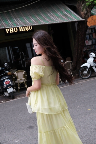 ADELINE HOUSE- Đầm Maxi Voan Xanh CốmTrễ Vai 2 Dây – Váy Dài Tầng Bồng Bềnh Nữ Tính Phong Cách Vintage Đi Biển, Du Lịch- TK79.1&nbsp;