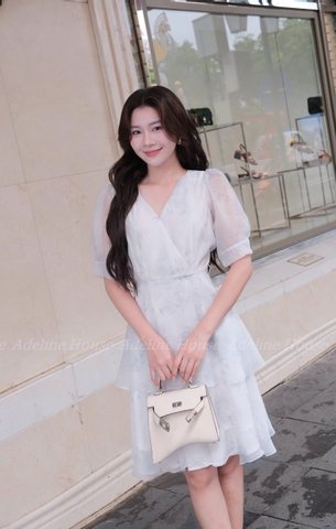 Adeline House - Váy cổ V tay bồng xòe tầng dáng lửng - TK66