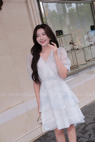 Adeline House - Váy cổ V tay bồng xòe tầng dáng lửng - TK66