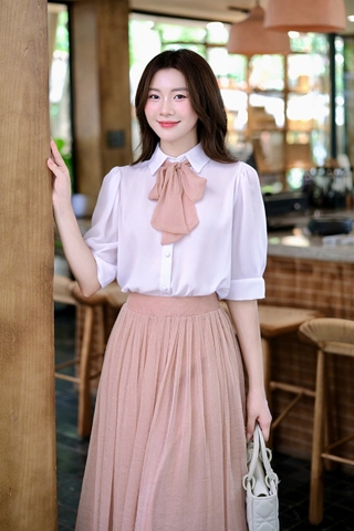 ADELINE HOUSE- Set Tiểu Thư Áo Sơ Mi Nơ Cổ Chân Váy Midi Xếp Ly- TK28.2 NÂU HỒNG