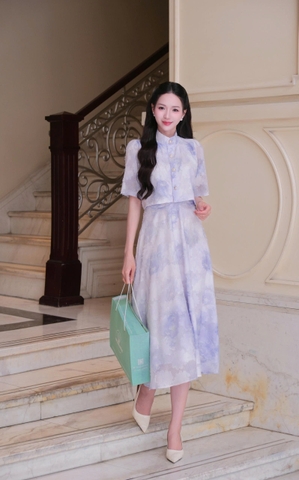 Adeline house - Set váy cổ tàu họa tiết thêu hoa tím - TK154.1