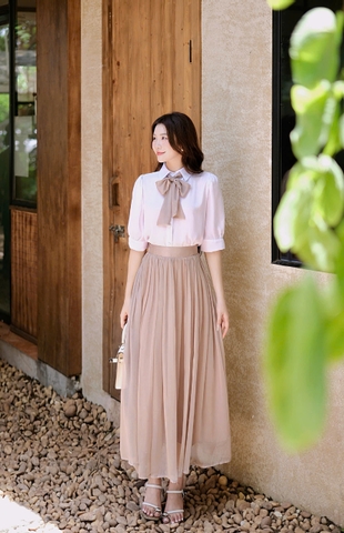 ADELINE HOUSE- Set Tiểu Thư Áo Sơ Mi Nơ Cổ Chân Váy Midi Xếp Ly- TK28.1 NÂU SIZE XS S M L XL 2XL 3XL 4XL