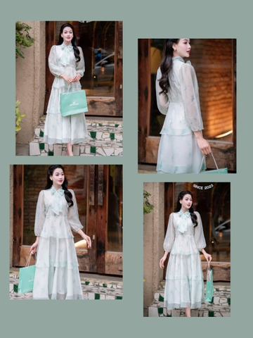 ADELINE HOUSE- Váy Voan 3 tầng nơ cổ Dew Blossom – ADELINE TK148.1 Xanh