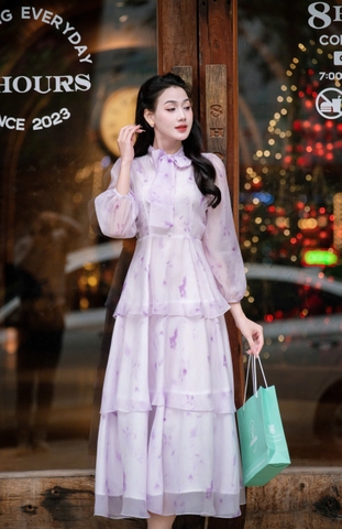 ADELINE HOUSE- Váy Voan 3 tầng nơ cổ Dew Blossom – ADELINE TK148.2 TÍM