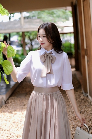 ADELINE HOUSE- Set Tiểu Thư Áo Sơ Mi Nơ Cổ Chân Váy Midi Xếp Ly- TK28.1 NÂU SIZE XS S M L XL 2XL 3XL 4XL