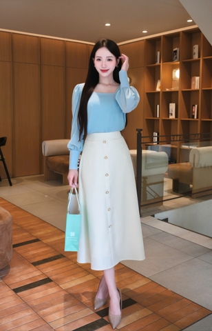 ADELINE HOUSE- SET XANH DƯƠNG PASTEL – CHÂN VÁY KEM DÁNG A- TK163.1