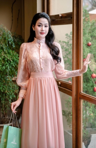 Adeline house -Thiết kế đầm midi màu hồng phấn- TK162.4 SIZE XS S M L XL 2XL 3XL 4XL