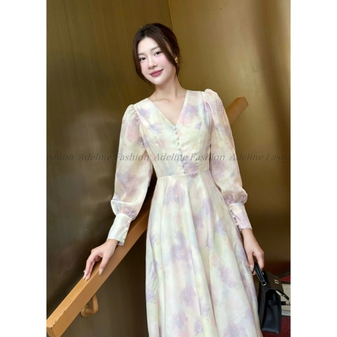 Adeline House - Váy midi cổ V tay bồng đính cúc ngọc thanh lịch - TK 75 Họa Tiết Trắng Tím Nhẹ Nhàng