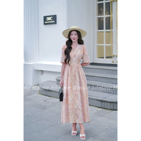 Adeline House - Váy voan hoa cổ V tay lửng dáng dài thanh lịch - TK 92 Hoa Cam