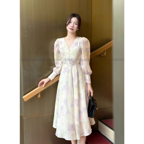 Adeline House - Váy midi cổ V tay bồng đính cúc ngọc thanh lịch - TK 75 Họa Tiết Trắng Tím Nhẹ Nhàng