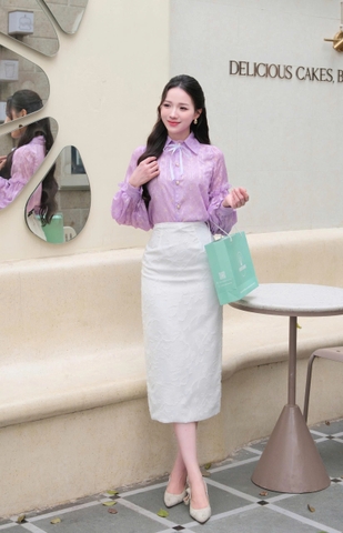 Adeline house - Chân váy MIDI màu trắng thêu ren - TK136.3