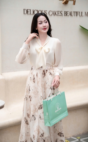 ADELINE HOUSE- Set Áo Nơ Voan + Chân Váy Hoa Lê Nâu Dáng Dài Thanh Lịch- TK155.4