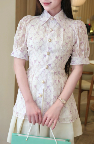 Adeline house-Áo sơ mi nơ cổ tàu+nơ(tơ)